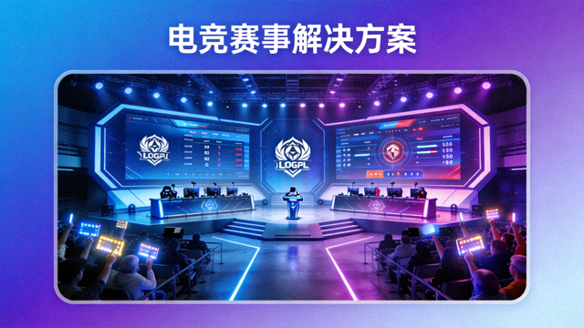 电竞赛事舞台现场画面，用于电竞赛事解决方案卡片配图
