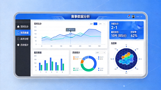 赛事数据分析屏幕界面，用于赛事分析解决方案卡片配图