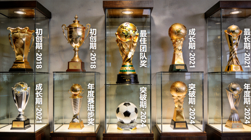 足球赛事奖杯陈列画面，象征平台发展历程中的阶段成果